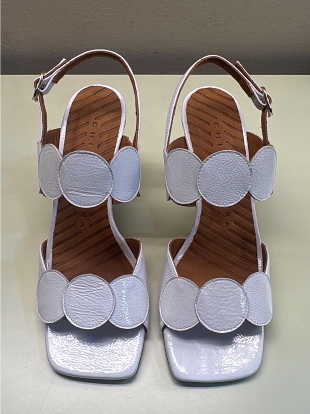 Chie Mihara White Leather Slingback Heels with Decorative Circles blue tint - Picture 2 of 6